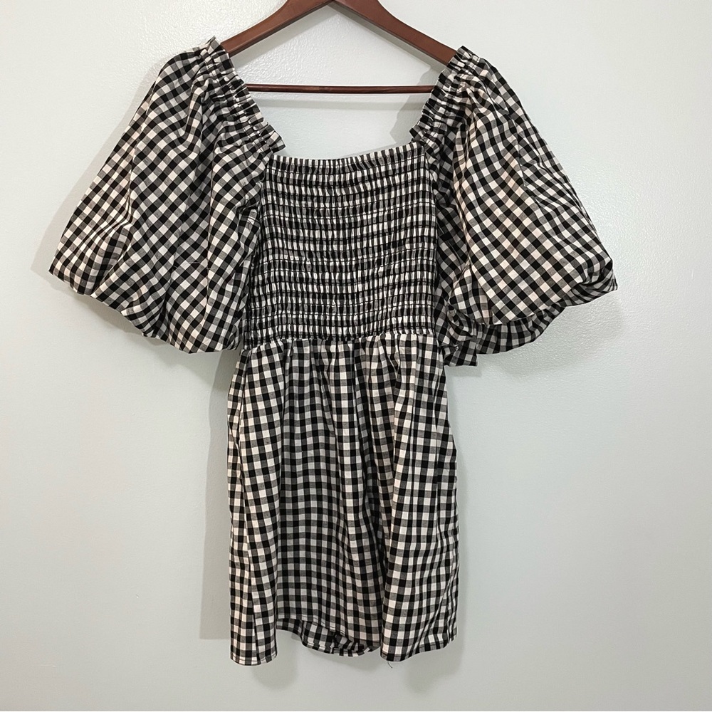 Anthropologie x Self Contrast Puff Sleeve Gingham Black White Smocked Romper XS - Picture 3 of 10